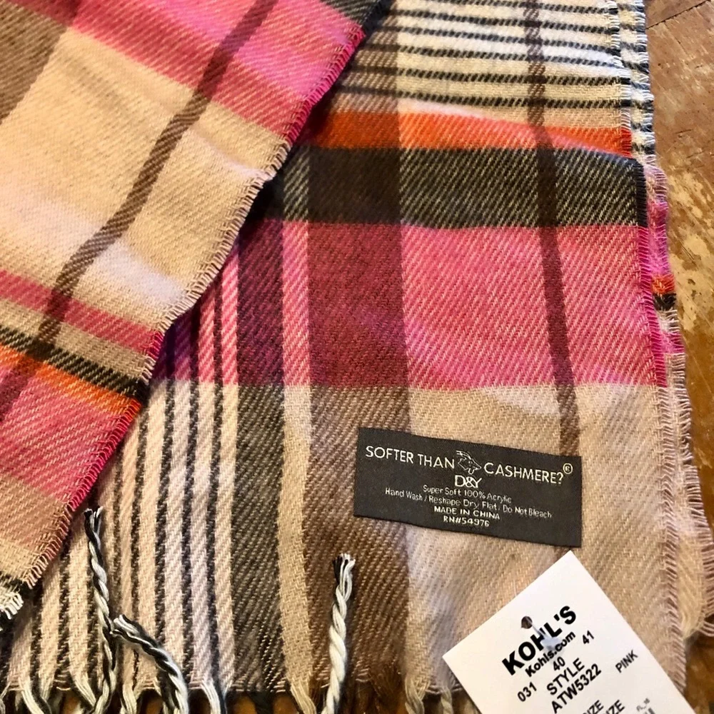 Softer than Cashmere Pink Plaid Fringe Wrap Scarf NWT